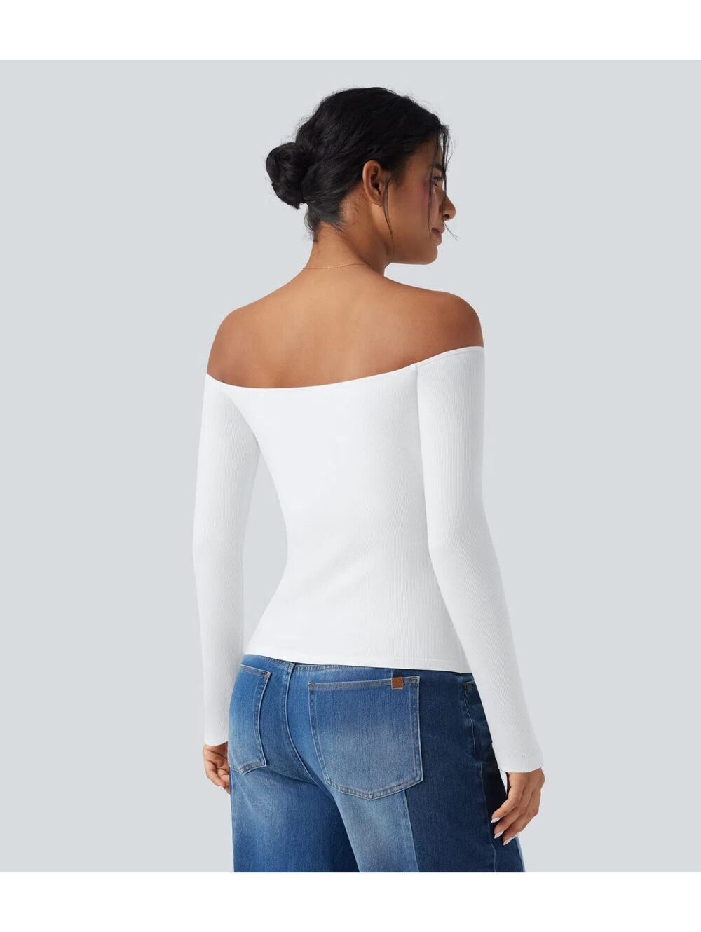 Halara Ribbed Knit Off Shoulder Long Sleeve 2-in-1 Casual Top White Size XL - Picture 2 of 9